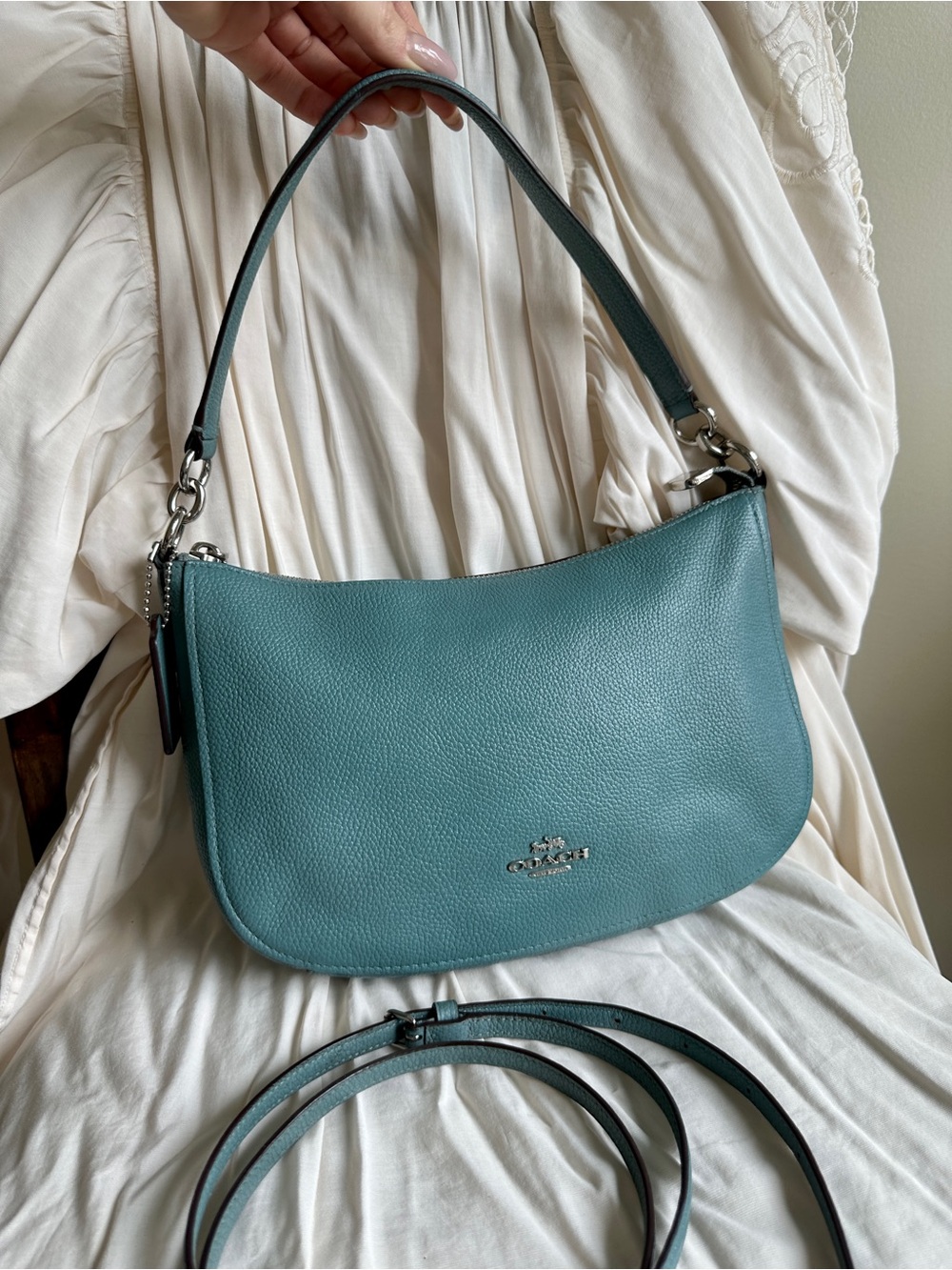 Coach Teal Pebbled Leather Shoulder Bag with Silver Hardware - Picture 15 of 16